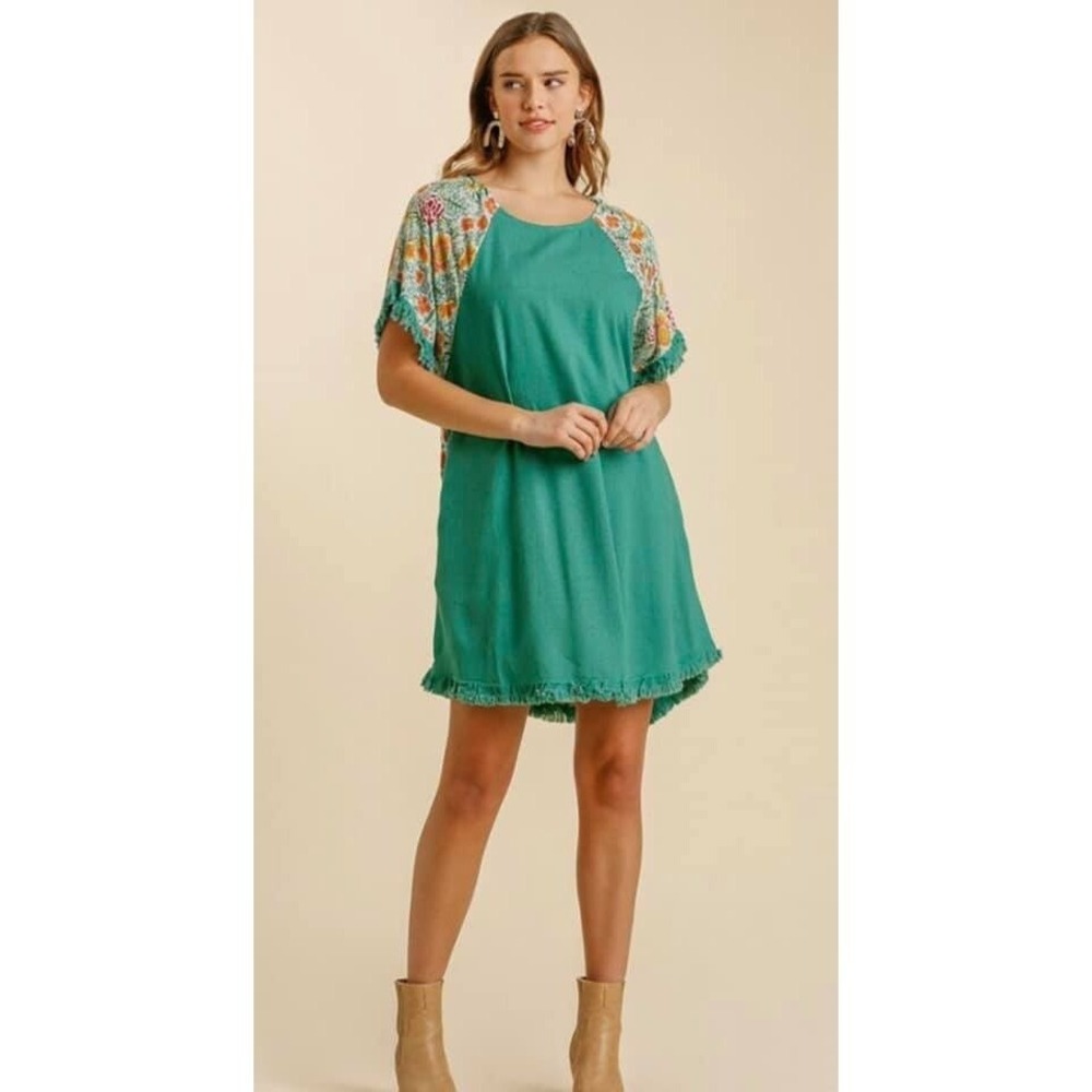 Umgee Tunic Short Sleeve Womens Small Jade Floral Back Hi‎ Lo Pockets Boho